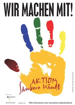 Poster zur Aktion Saubere Hände, auf dem eine gemalte Hand mit bunten Fingern abgebildet ist