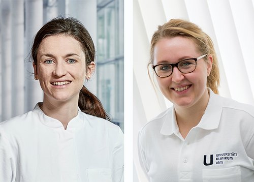 Dr. Katharina Kuhn, Projektleiterin und Oberärztin (rechts) und Dr. Sarah Blender, stellvertretende Projektleitung (links) aus der Klinik für Zahnärztliche Prothetik, haben zusammen mit einem Team der Uniklinik und der Universität Ulm eine Methode zur schonenden Entfernung von zahnärztlichen Versorgungen aus Keramik entwickelt.