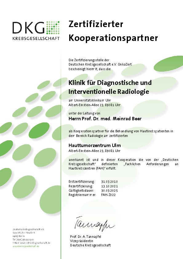 Zertifikat der Deutschen Krebsgesellschaft: Hauttumorzentrum