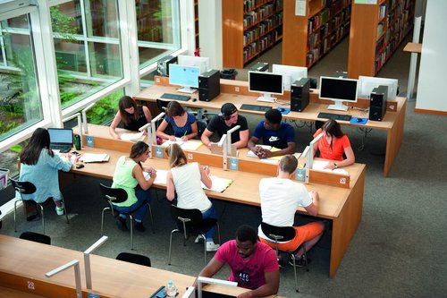 Im Bild sind Studierende der Uni Ulm im Lernbereich der Bibliothek zu sehen.