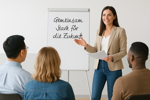 Referentin lächelnd steht vor Flipchart