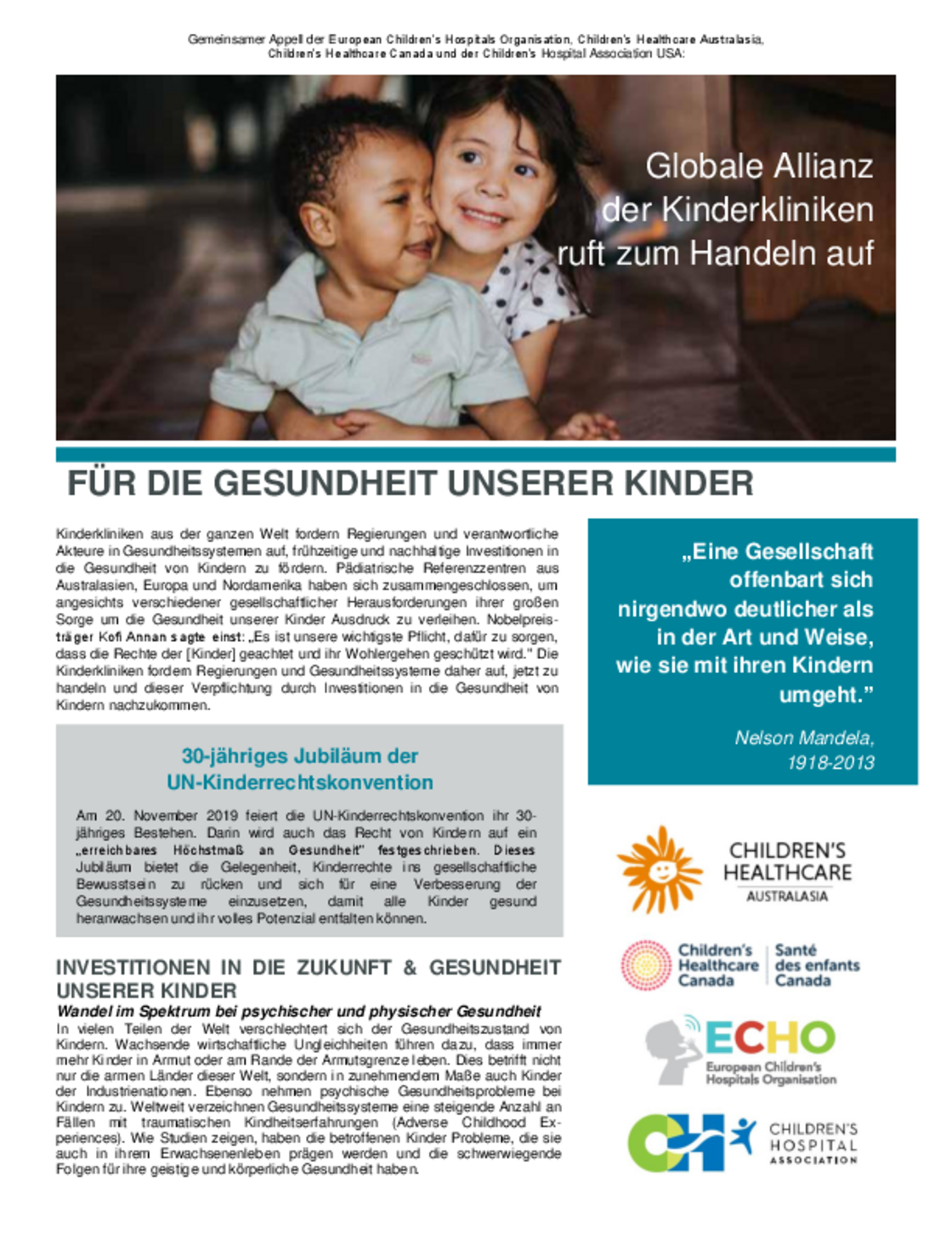 Globale Allianz der Kinderkliniken ruft zum Handeln auf