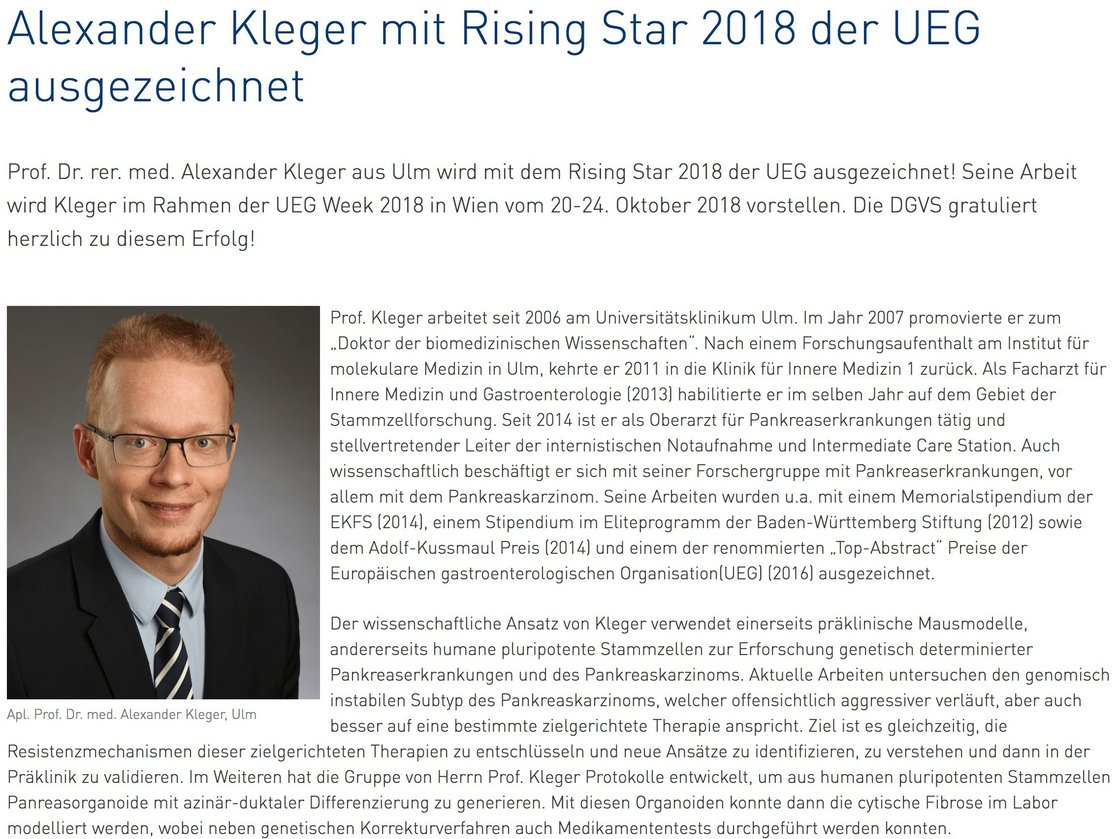 Artikel, Alexander Kleger mit Rising Star 2018 der UEG ausgezeichnet
