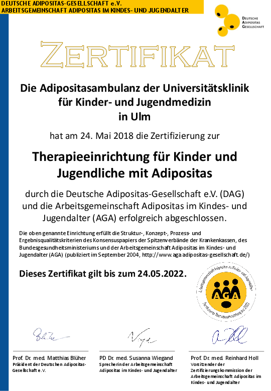 Zertifikat "Therapieeinrichtung für Kinder und Jugendliche mit Adipositas"