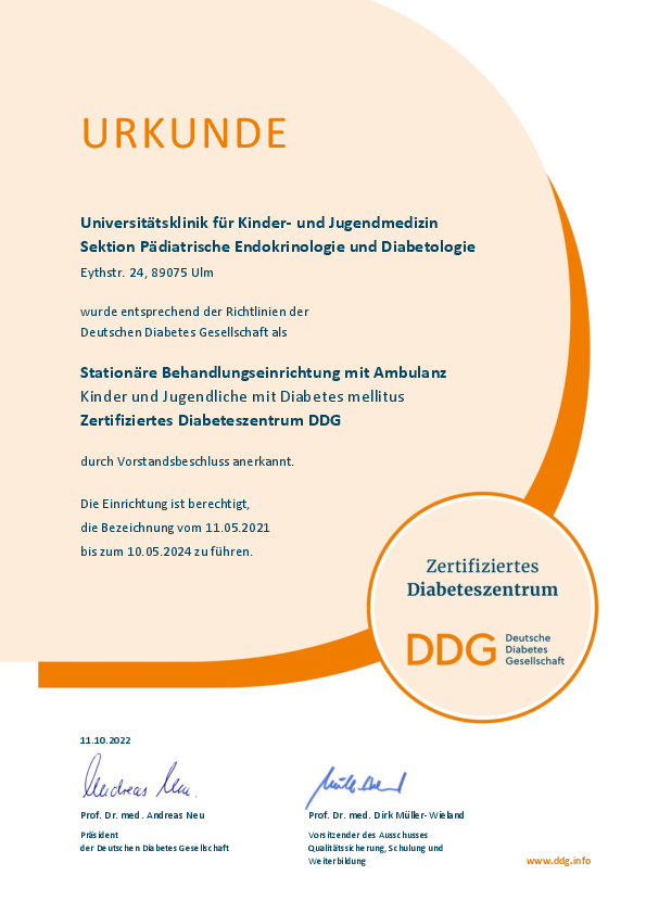 Urkunde Zertifiziertes Diabeteszentrum DDG
