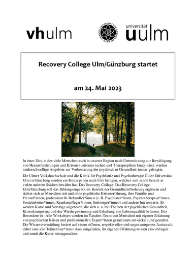 Ankündigung Recovery College Ulm/Günzburg
