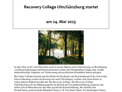 Ankündigung Recovery College Ulm/Günzburg