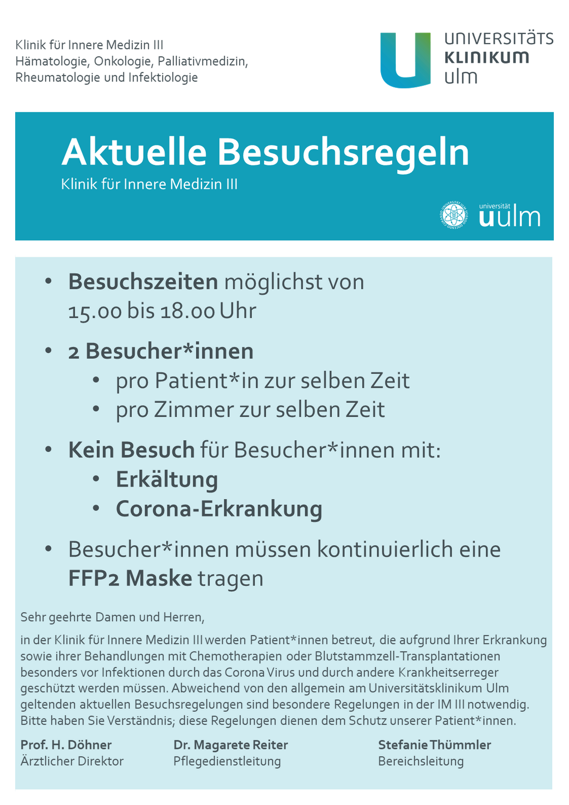 Aktuelle Besuchsregeln der Inneren Medizin III, November 2023