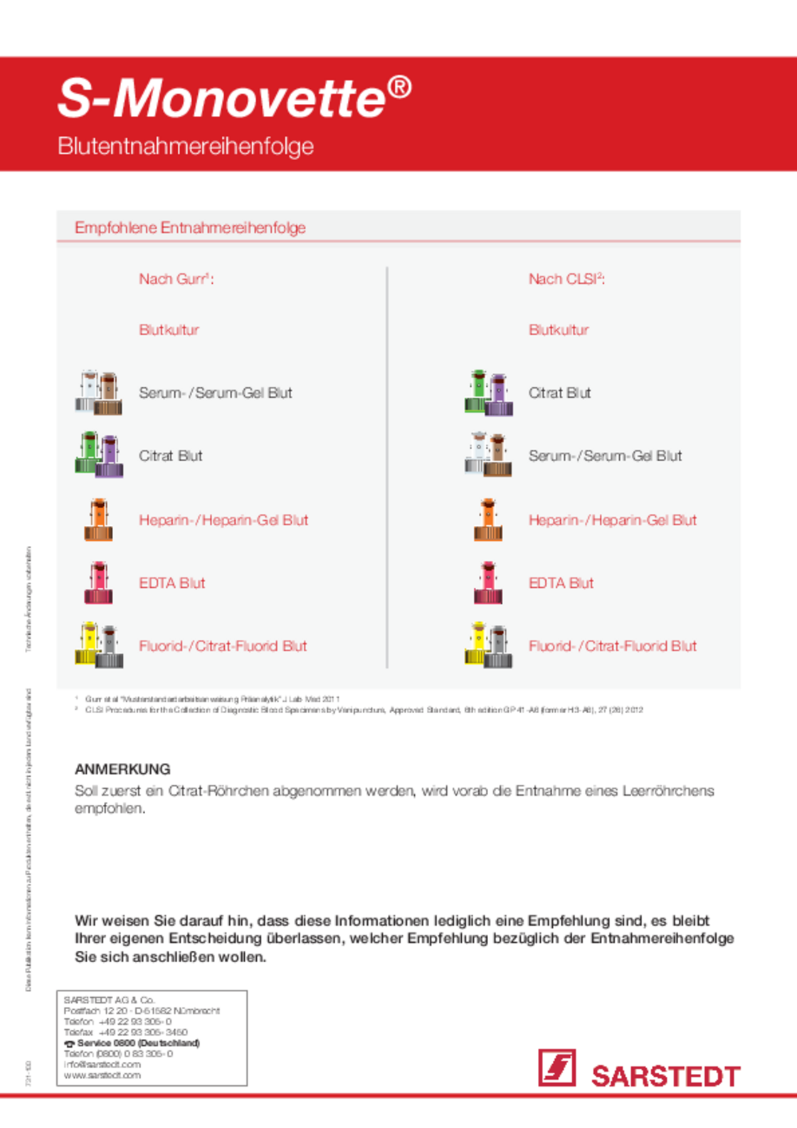 Empfohlene Blutentnahmereihenfolge nach Gurr 1. Blutkultur, 2. Serum, 3. Citrat Blut, 3. Heparin-Blut, 4. EDTA-Blut, 5. Citrat-/Fluorid-Blut. Entnahmereihenfolge nach CLSI: 1. Blutkultur, 2. Citrat-Blut, 3. Serum-Blut, 4. Heparin-Blut, 5. EDTA-Blut, 6. Fluorid/Citrat-Blut