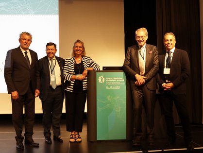 Joël Bouzou (World Olympians Association), Fabio Pigozzi (Fédération Internationale de Médecine du Sport), Fiona Bull (WHO), Jürgen Steinacker (Universitätsklinikum Ulm, EIEIM) und Yannis Pitsiladis (IOC) beim Global Alliance Day 2023.