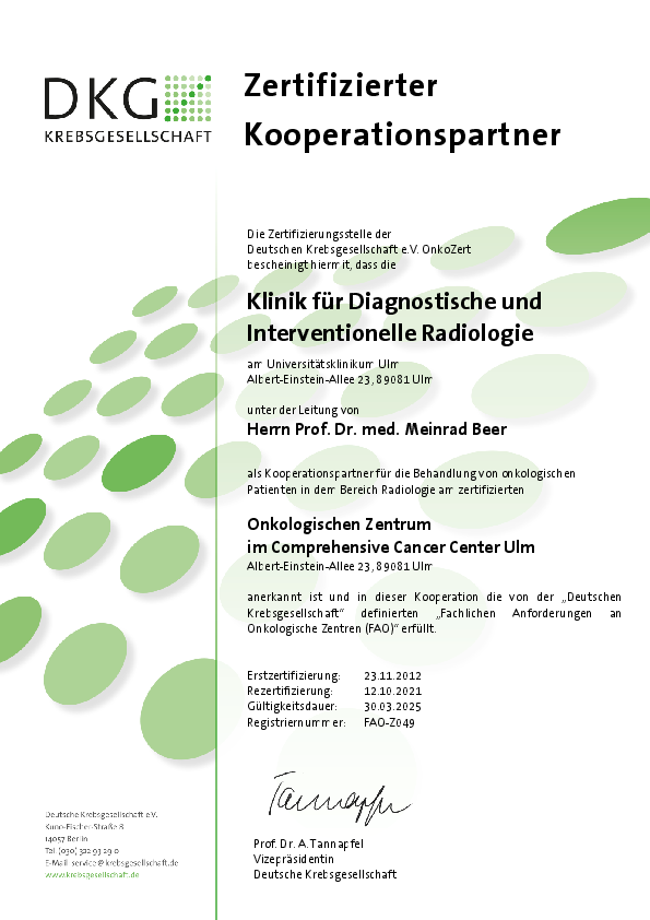 Zertifikat der Deutschen Krebsgesellschaft: Onkologisches Zentrum im Comprehensive Cancer Center Ulm