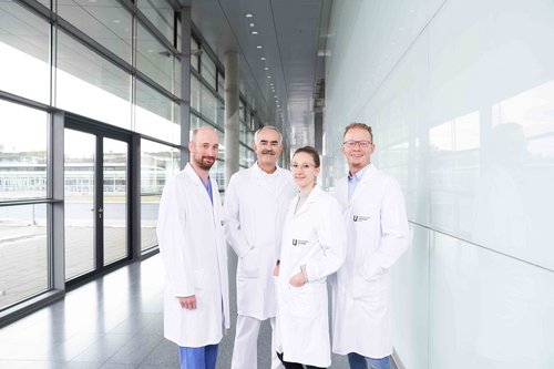 Das Team der Sektion für Interdisziplinäre Pankreatologie: v. l. PD Dr. Lukas Perkhofer, Prof. Dr. Marko Kornmann, Dr. Katja Kilani, Prof. Dr. Alexander Kleger.