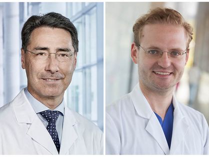 Professor Dr. Wolfgang Rottbauer, Ärztlicher Direktor der Klinik für Innere Medizin II, und Oberarzt PD. Dr. Dominik Buckert. 
