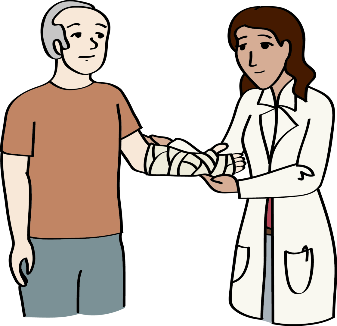 Ärztin legt einem Mann einen Verband am Arm an 
