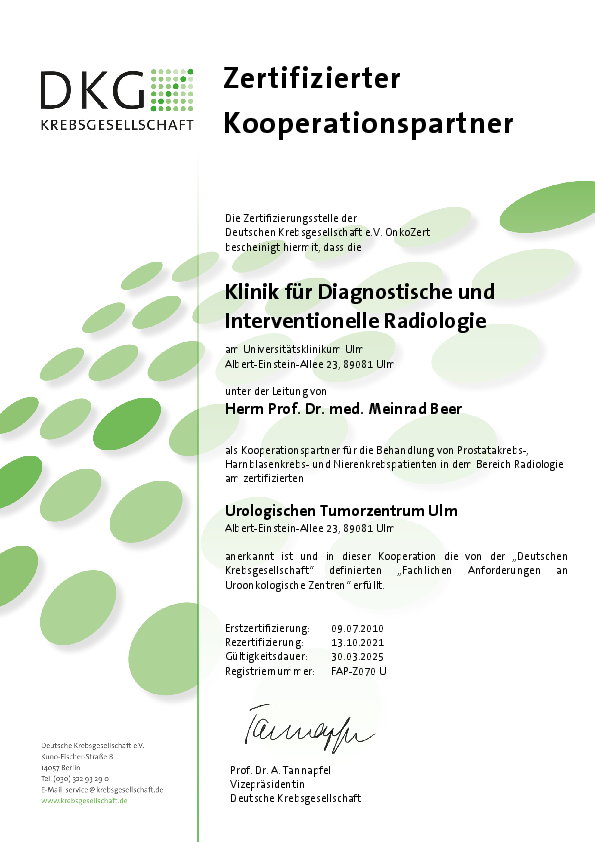 Zertifikat der Deutschen Krebsgesellschaft: Urologisches Tumorzentrum